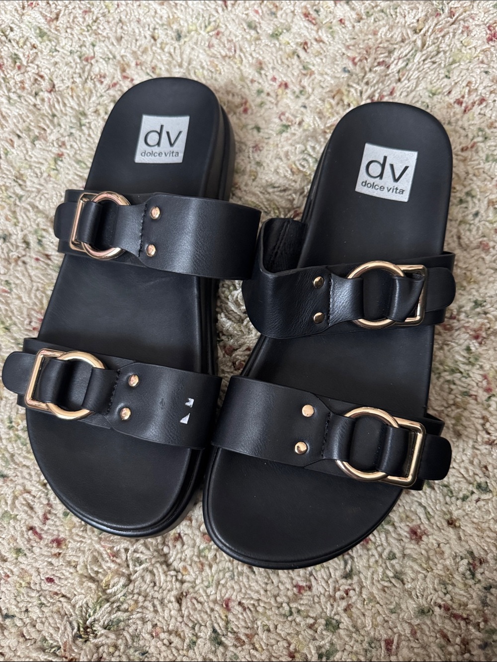 Dolce Vita Black Double-Strap Slides with Gold Rings